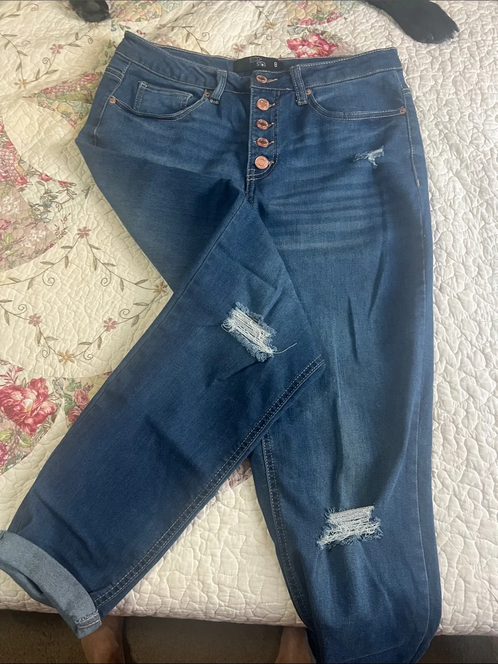 Button-Fly Distressed Boyfriend Jeans - Dark Blue